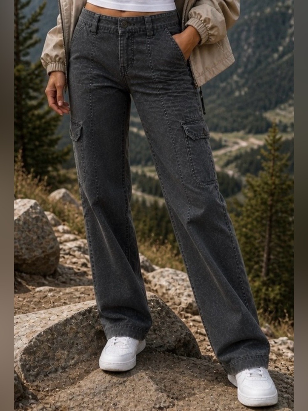 RICKIS Revolution Grey Wide Leg Cargo Stretch Utility Pants Sz 6 Pockets Y2K - Picture 2 of 16